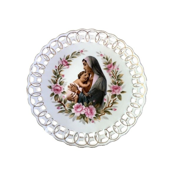 Lefton Japan 7 3/4" Mary & Baby Jesus Reticulated Latticed Decorative Plate READ - Picture 1 of 7